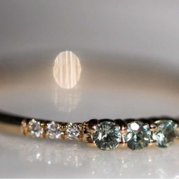 Catbird Three Green Sapphire Equilibrium Ring by Jennie Kwon in Yellow Gold - Picture 3 of 9